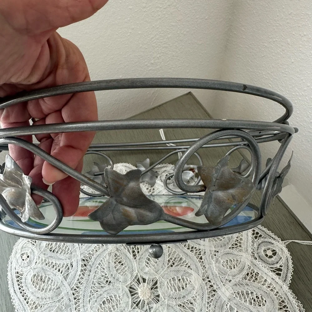 Vintage Metal Frame Glass Bottom Tray Bowl Hand Painted Apples Farmhouse